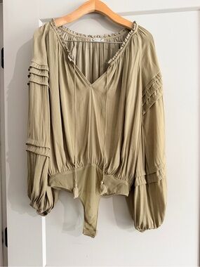 Free People Olive Green Peasant Tie-Front Bodysuit Blouse